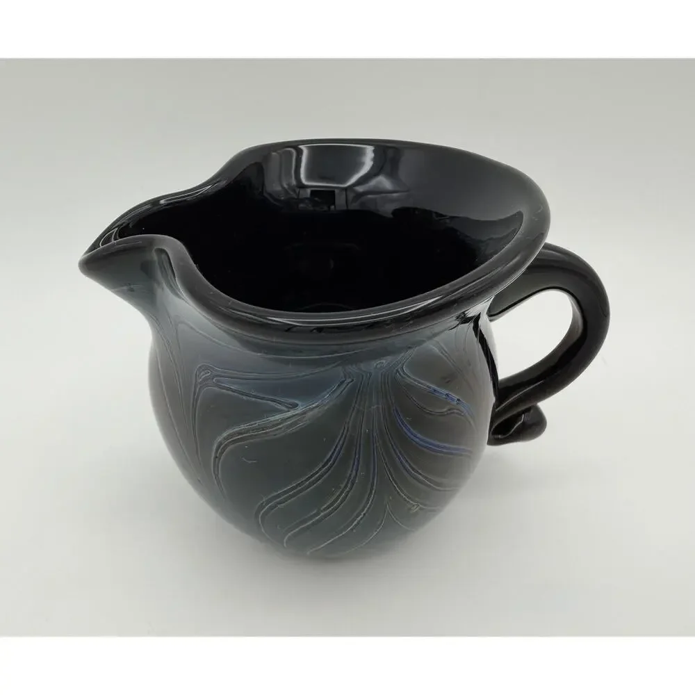 Hand Blown Black Glass Creamer Pitcher 3” Pulled Feather Design Signed Dated ‘72